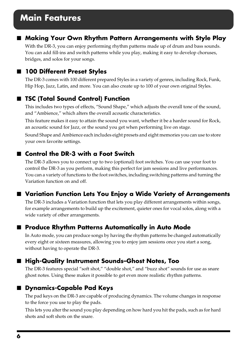 Main features | Roland DR-3 User Manual | Page 6 / 128