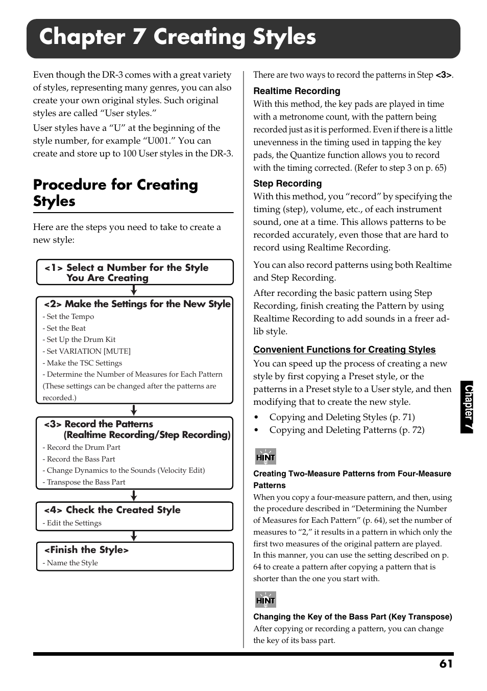 Chapter 7 creating styles, Procedure for creating styles, Refer to “chapter 7 creating styles” (p. 61) | P”; style numbers for the user styles (p. 61, Ch ap ter 7 | Roland DR-3 User Manual | Page 61 / 128