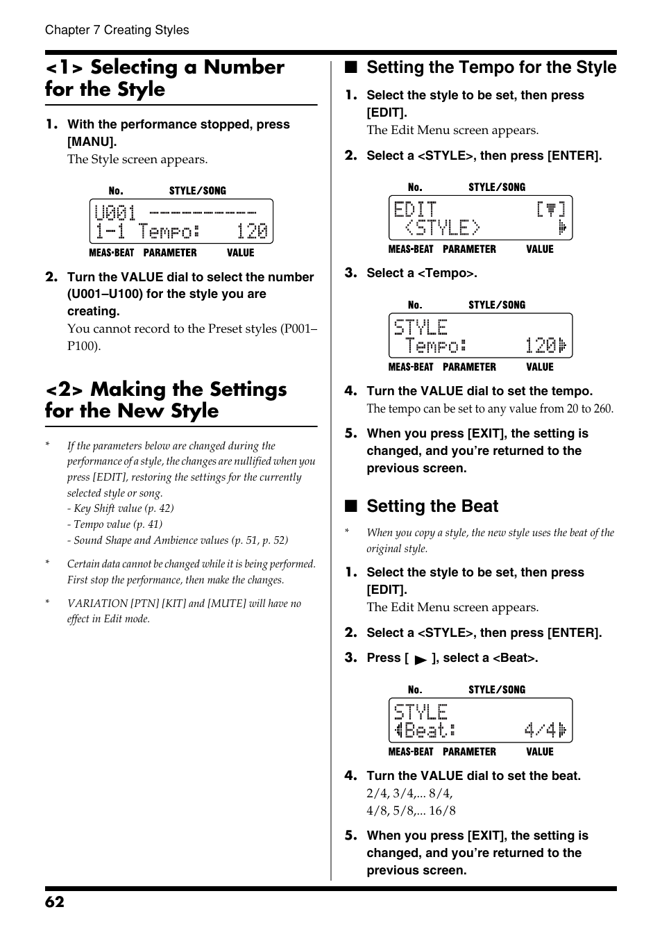 1> selecting a number for the style, 2> making the settings for the new style, Setting the tempo for the style | Setting the beat, Setting the tempo for the style setting the beat | Roland DR-3 User Manual | Page 62 / 128