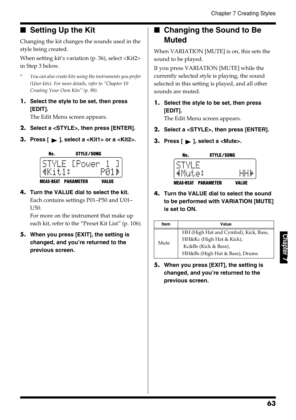 Setting up the kit, Changing the sound to be muted, Setting up the kit changing the sound to be muted | Ch ap ter 7 | Roland DR-3 User Manual | Page 63 / 128