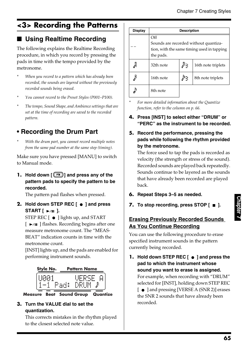 3> recording the patterns, Using realtime recording, Recording the drum part | Using realtime recording • recording the drum part, Ch ap ter 7 | Roland DR-3 User Manual | Page 65 / 128