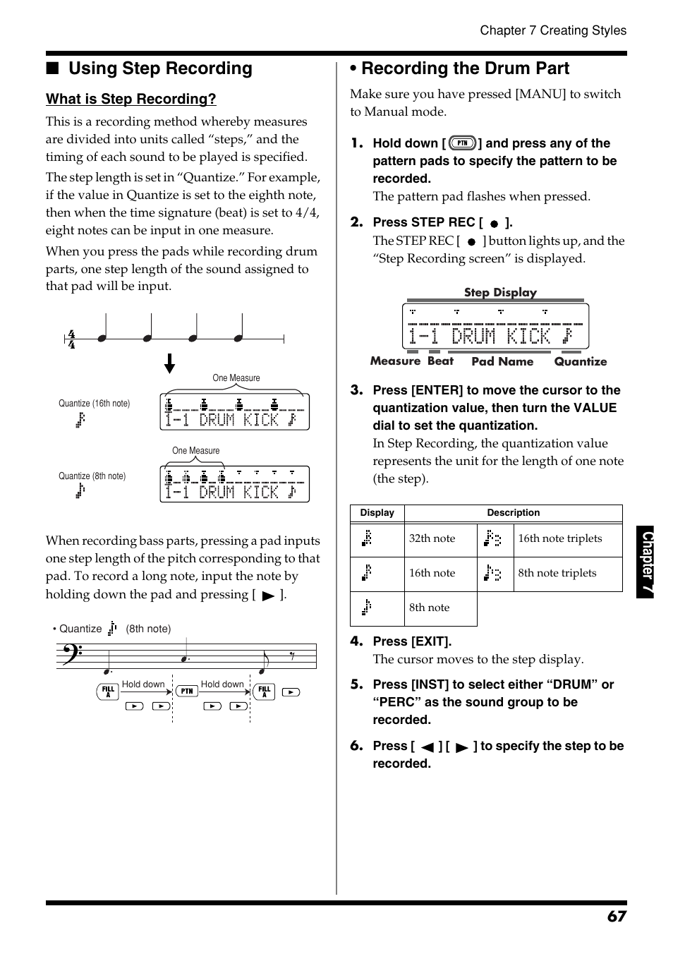 Using step recording, Recording the drum part, Using step recording • recording the drum part | Ch ap ter 7 | Roland DR-3 User Manual | Page 67 / 128