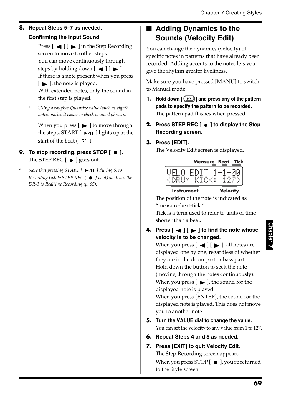 Adding dynamics to the sounds (velocity edit), Ch ap ter 7 | Roland DR-3 User Manual | Page 69 / 128