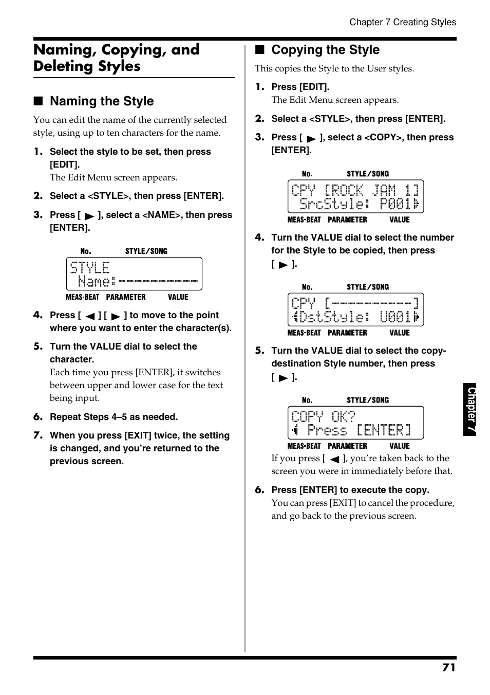 Naming, copying, and deleting styles, Naming the style, Copying the style | Naming the style copying the style, Copying and deleting styles (p. 71), Ch ap ter 7 | Roland DR-3 User Manual | Page 71 / 128