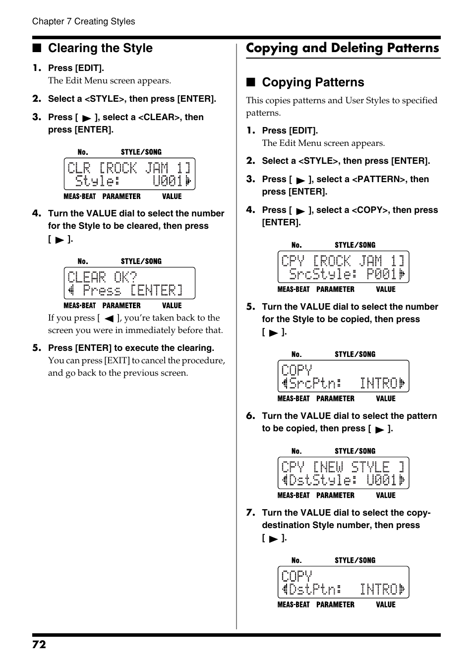 Clearing the style, Copying and deleting patterns, Copying patterns | Copying and deleting patterns (p. 72), Copying and deleting patterns ■ copying patterns | Roland DR-3 User Manual | Page 72 / 128