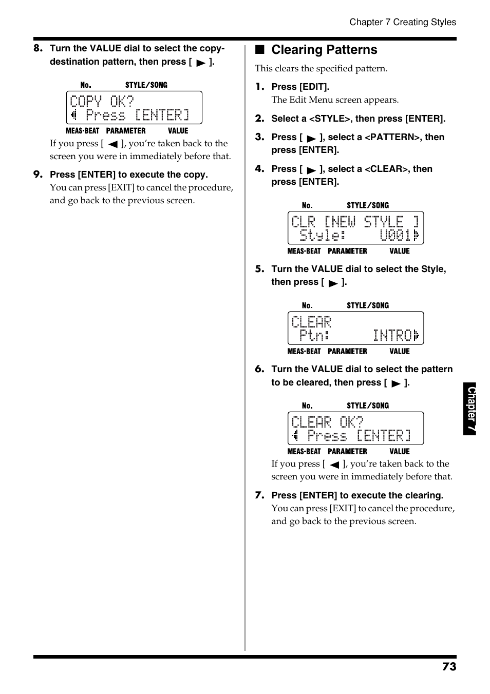 Clearing patterns, Ch ap ter 7 | Roland DR-3 User Manual | Page 73 / 128