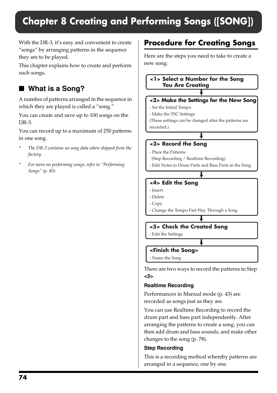 Chapter 8 creating and performing songs ([song]), What is a song, Procedure for creating songs | Roland DR-3 User Manual | Page 74 / 128
