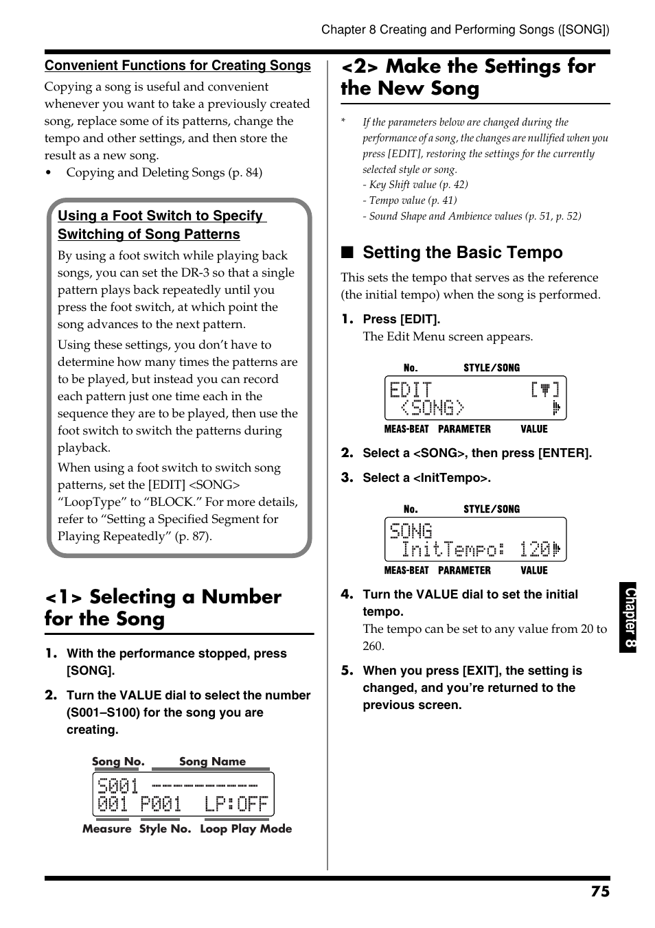 1> selecting a number for the song, 2> make the settings for the new song, Setting the basic tempo | Ch ap ter 8 | Roland DR-3 User Manual | Page 75 / 128