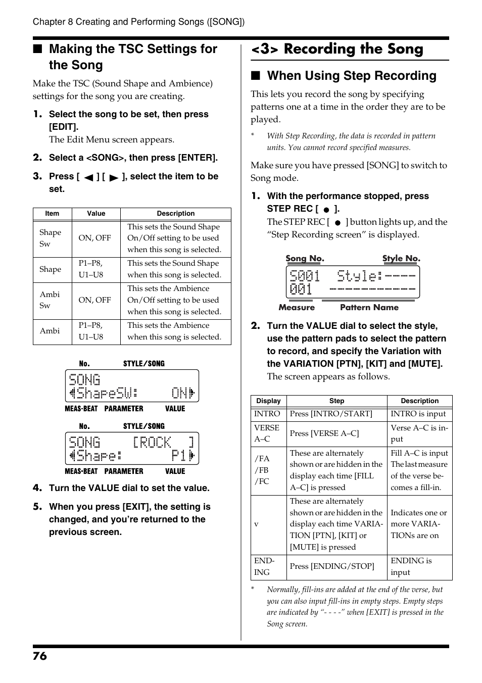Making the tsc settings for the song, 3> recording the song, When using step recording | Roland DR-3 User Manual | Page 76 / 128