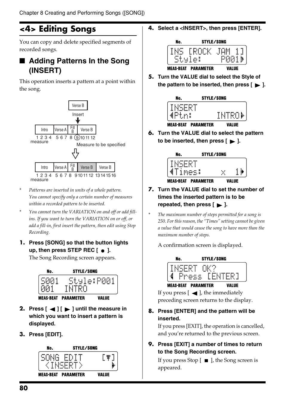 4> editing songs, Adding patterns in the song (insert) | Roland DR-3 User Manual | Page 80 / 128