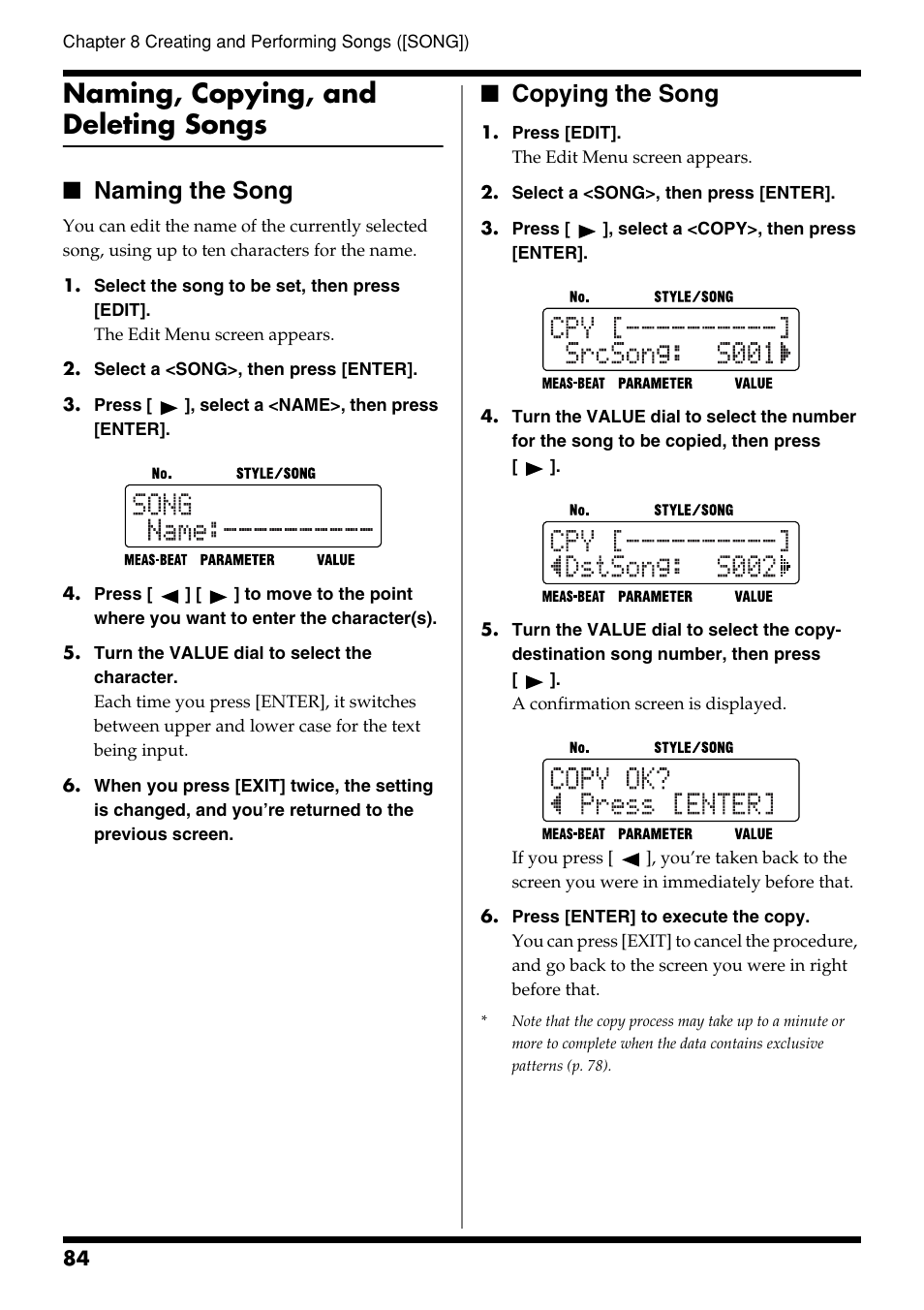 Naming, copying, and deleting songs, Naming the song, Copying the song | Naming the song copying the song, Copying and deleting songs (p. 84) | Roland DR-3 User Manual | Page 84 / 128