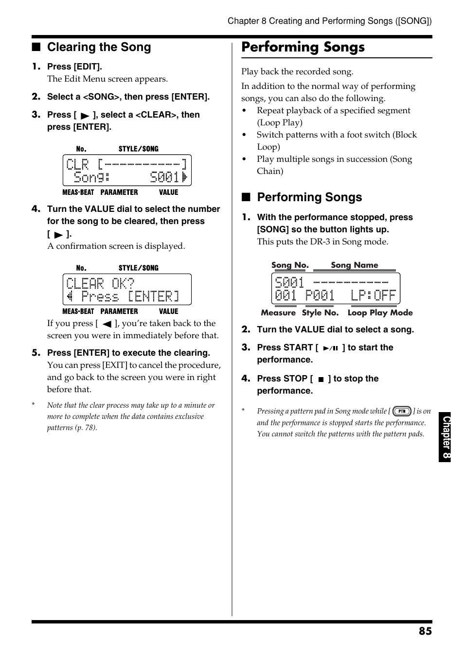 Clearing the song, Performing songs, Styles and songs (p. 85) | Ch ap ter 8 | Roland DR-3 User Manual | Page 85 / 128