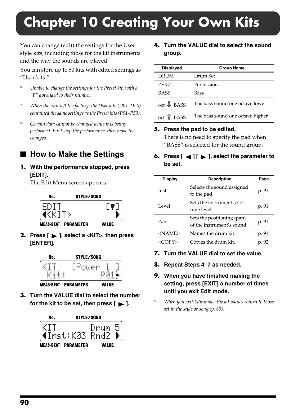 Chapter 10 creating your own kits, How to make the settings | Roland DR-3 User Manual | Page 90 / 128