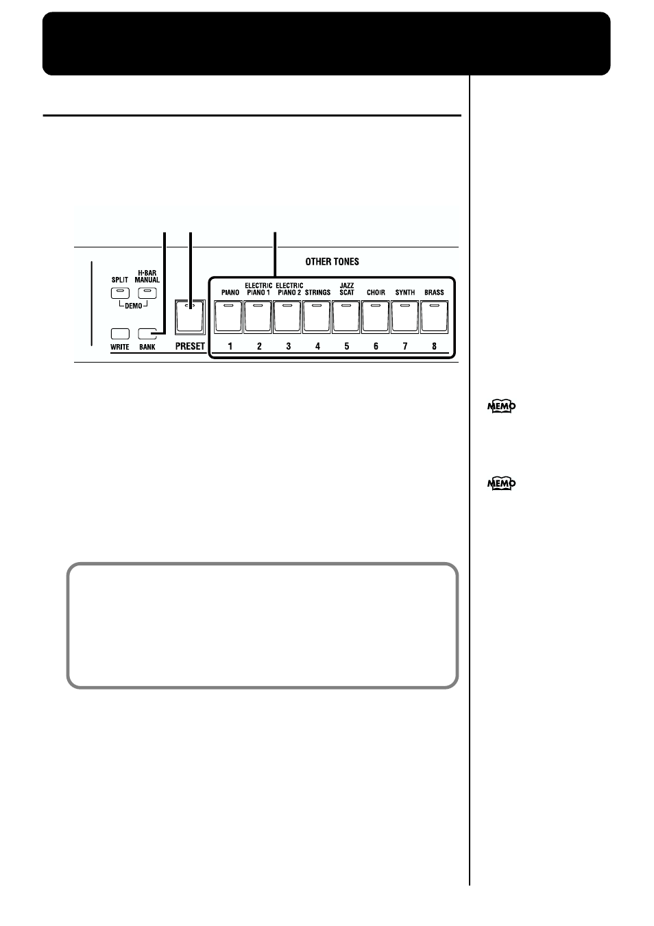 Playing the organ, Listening to various sounds, Selects the preset bank (p. 22, 45, 46) | Pressed to enter preset select mode (p. 22, p. 45) | Roland VK-8 User Manual | Page 22 / 84