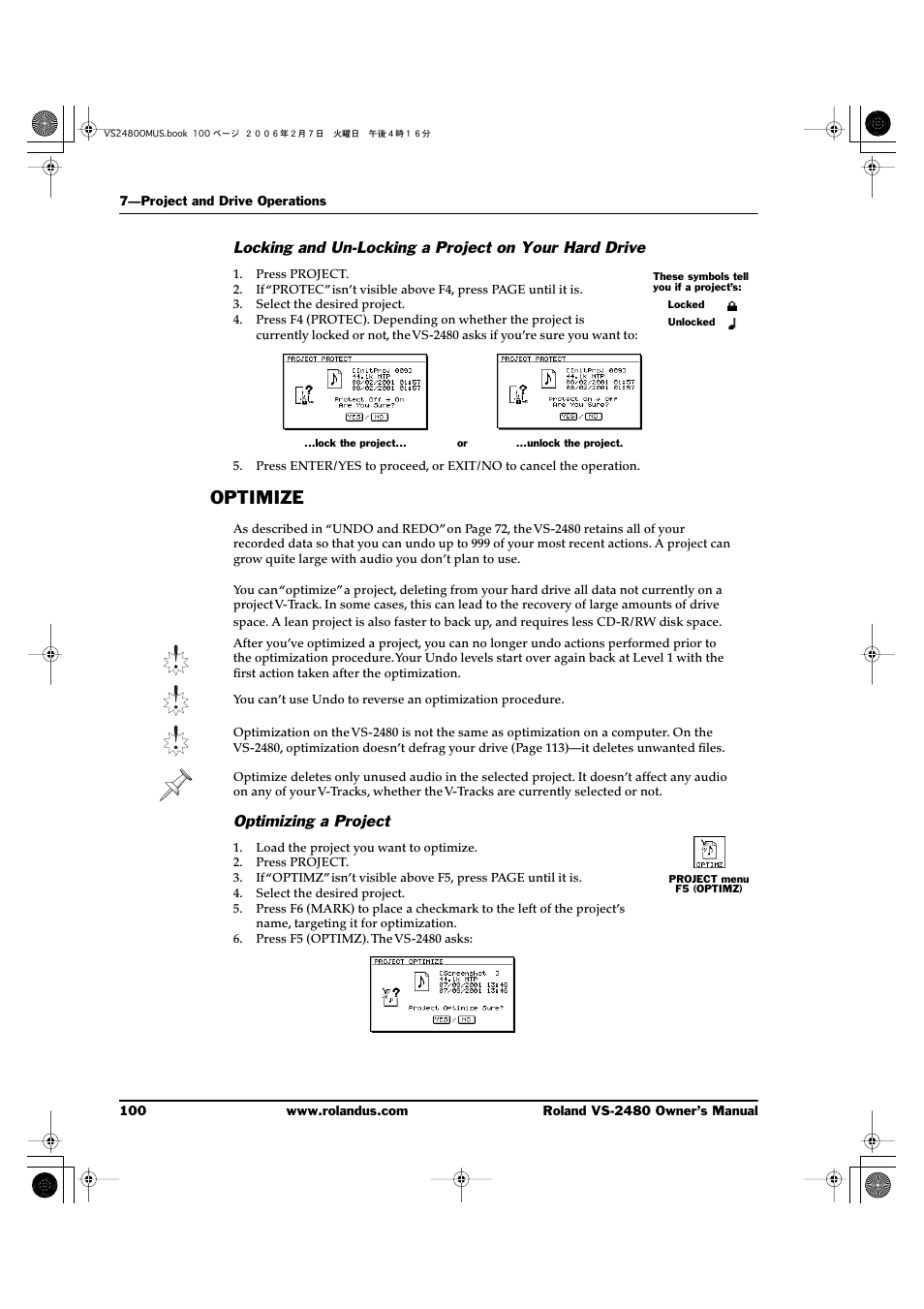 Optimize, Optimizing a project | Roland VS-2480 User Manual | Page 100 / 452