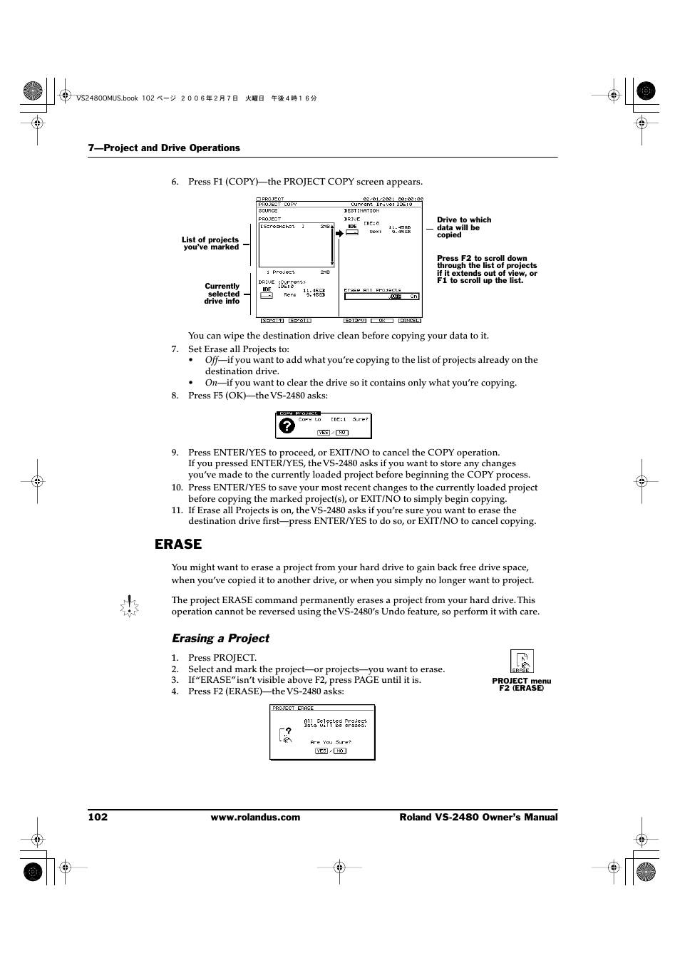Erase, Erasing a project | Roland VS-2480 User Manual | Page 102 / 452