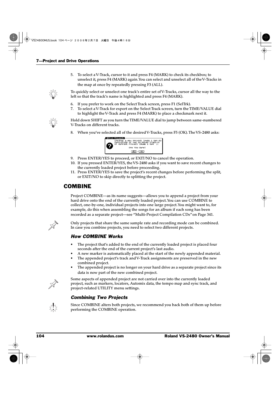 Combine, How combine works, Combining two projects | Roland VS-2480 User Manual | Page 104 / 452