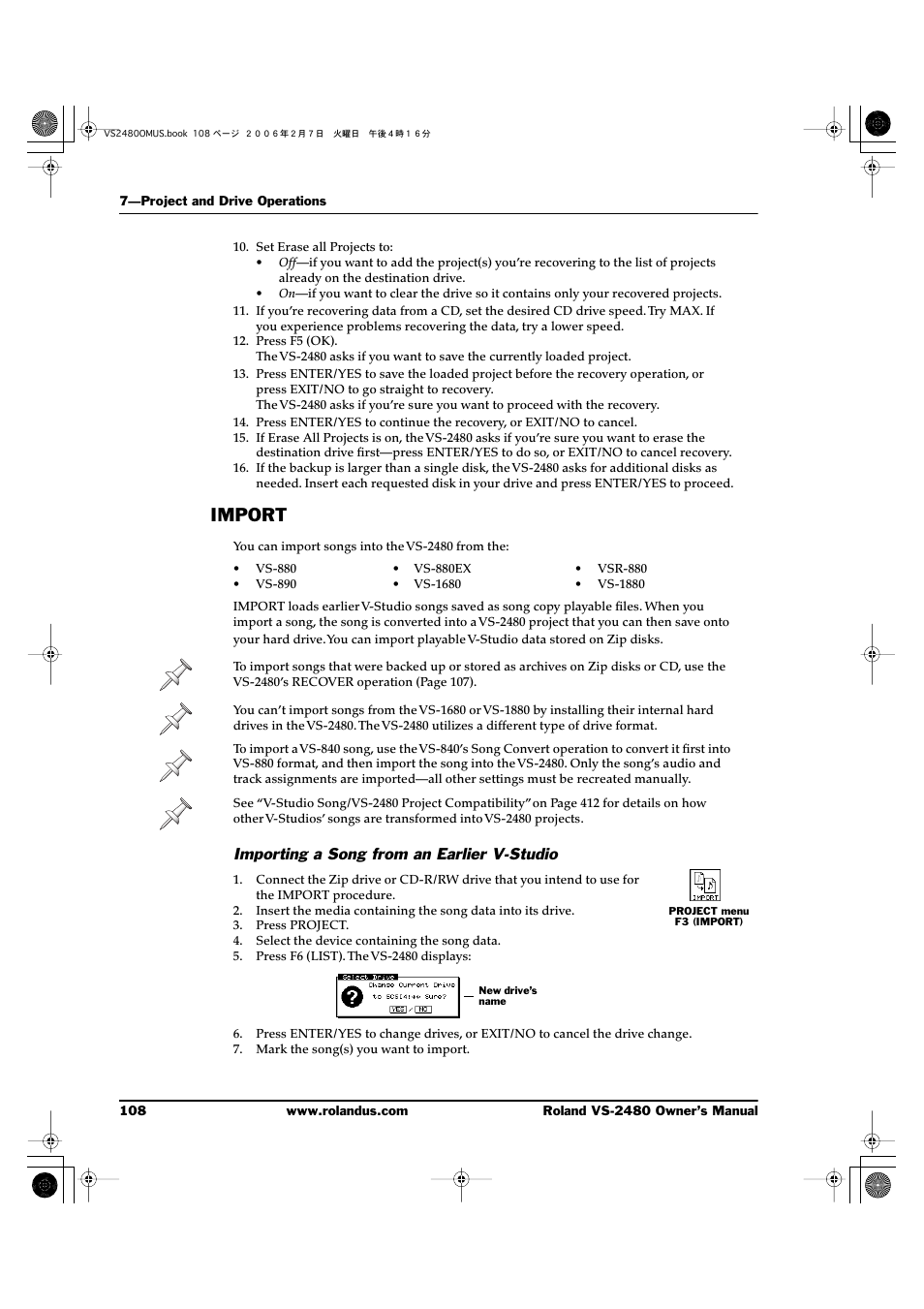 Import, Importing a song from an earlier v-studio | Roland VS-2480 User Manual | Page 108 / 452