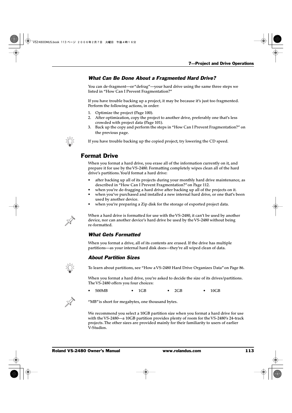 What can be done about a fragmented hard drive, Format drive, What gets formatted | About partition sizes | Roland VS-2480 User Manual | Page 113 / 452