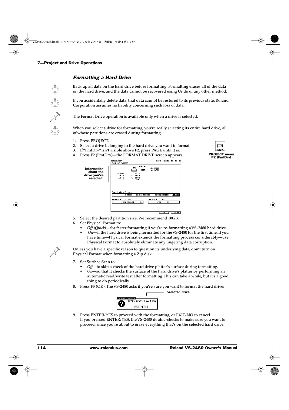 Formatting a hard drive | Roland VS-2480 User Manual | Page 114 / 452