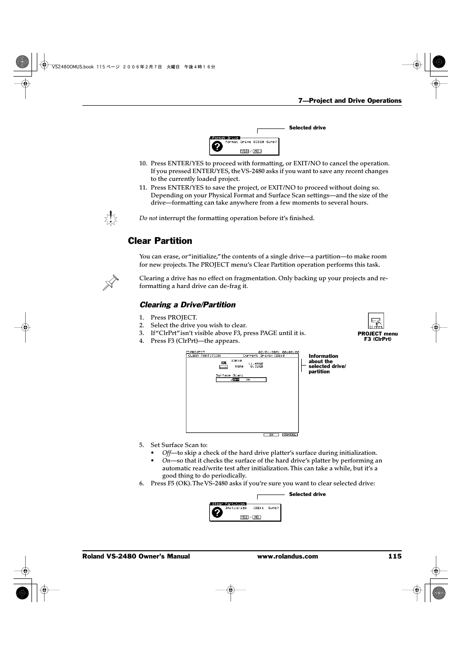 Clear partition, Clearing a drive/partition | Roland VS-2480 User Manual | Page 115 / 452