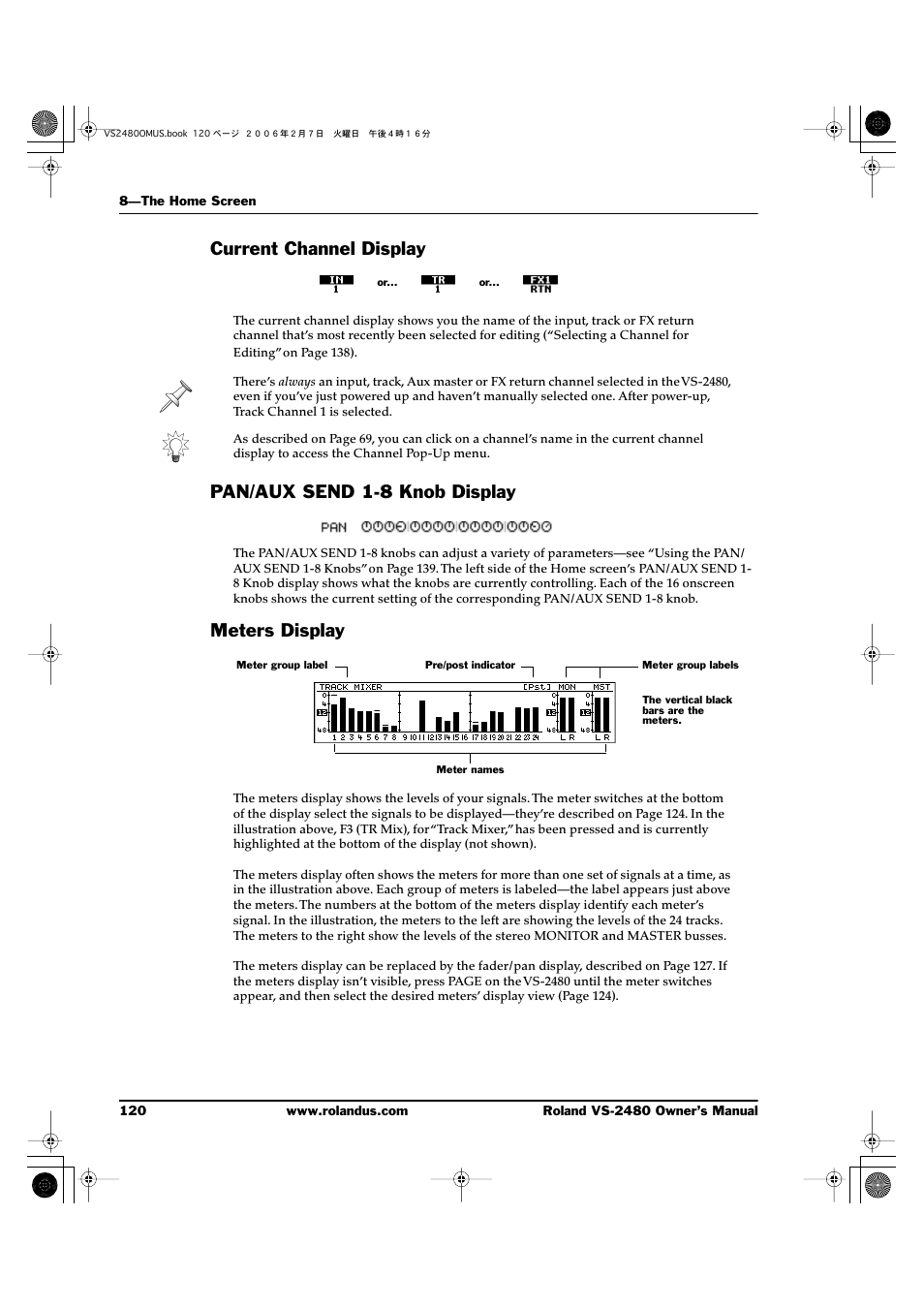 Current channel display, Pan/aux send 1-8 knob display, Meters display | Roland VS-2480 User Manual | Page 120 / 452