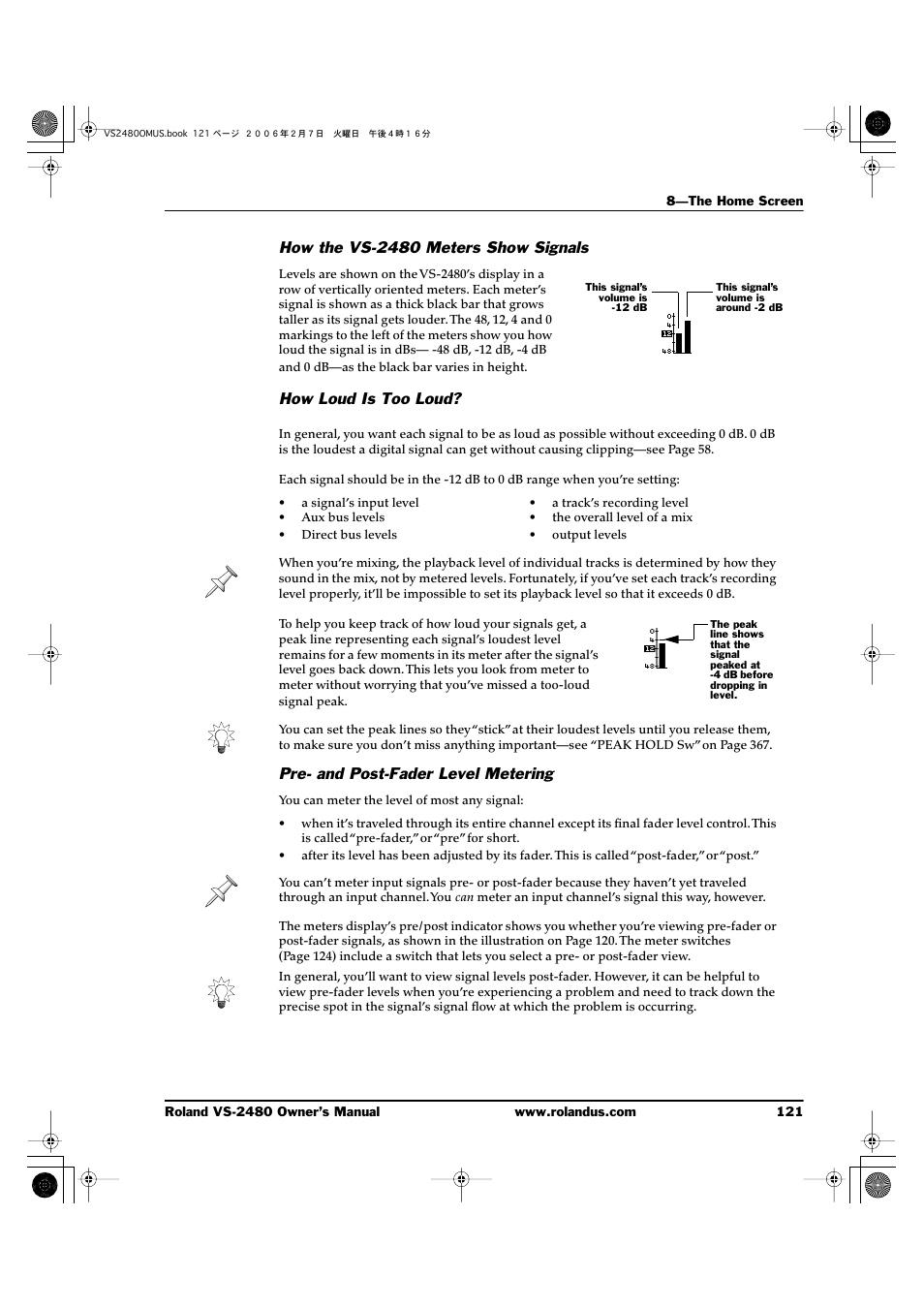 How the vs-2480 meters show signals, Pre- and post-fader level metering | Roland VS-2480 User Manual | Page 121 / 452