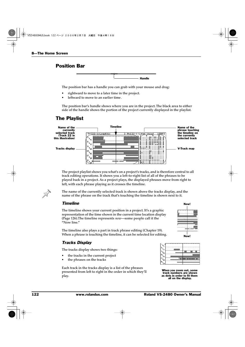 Position bar, The playlist, Timeline | Tracks display, Position bar the playlist | Roland VS-2480 User Manual | Page 122 / 452