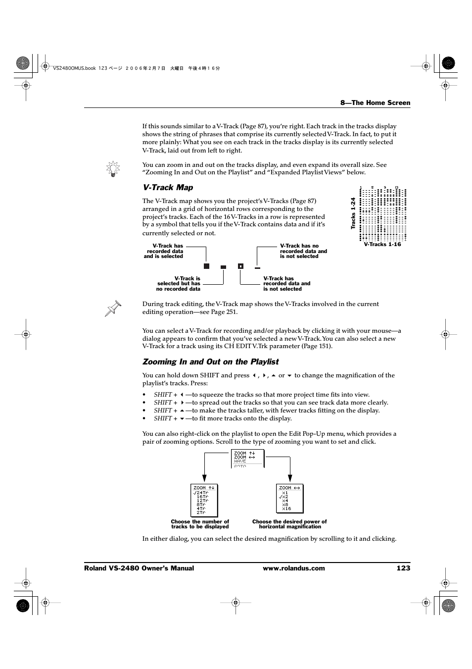 V-track map, Zooming in and out on the playlist | Roland VS-2480 User Manual | Page 123 / 452