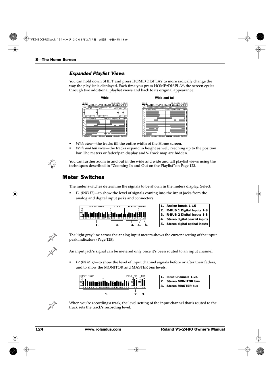 Expanded playlist views, Meter switches, Ylist views” belo | Roland VS-2480 User Manual | Page 124 / 452