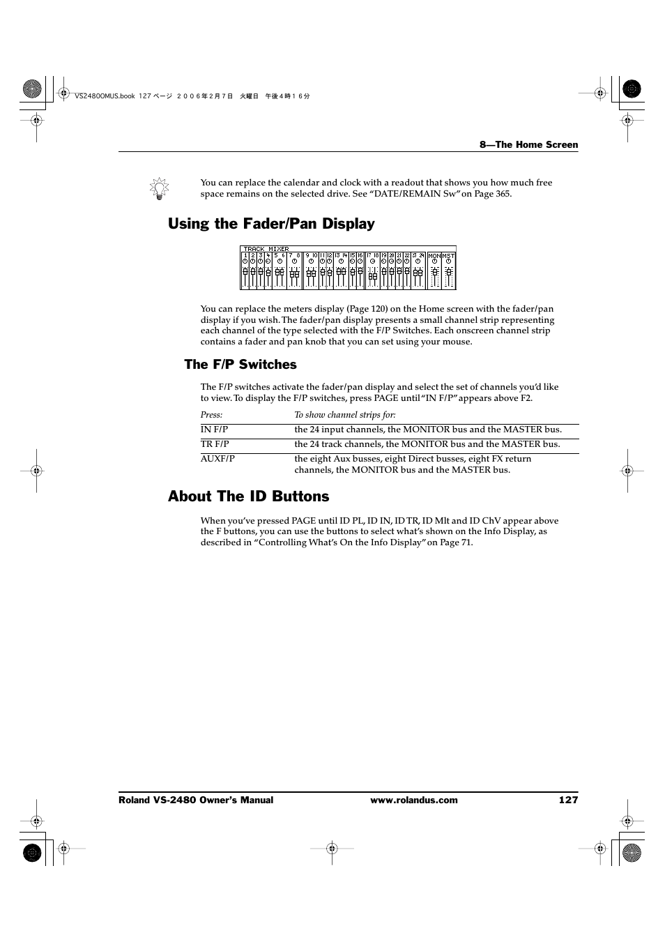 Using the fader/pan display, The f/p switches, About the id buttons | Roland VS-2480 User Manual | Page 127 / 452