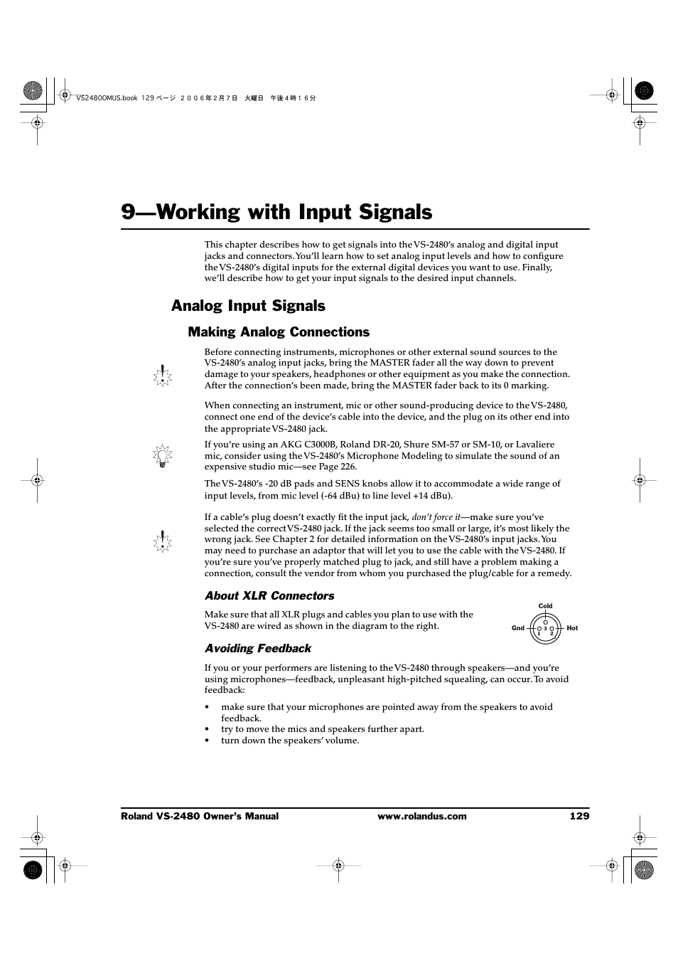 9—working with input signals, Analog input signals, Making analog connections | About xlr connectors, Avoiding feedback, 9—working with input signals 129 | Roland VS-2480 User Manual | Page 129 / 452