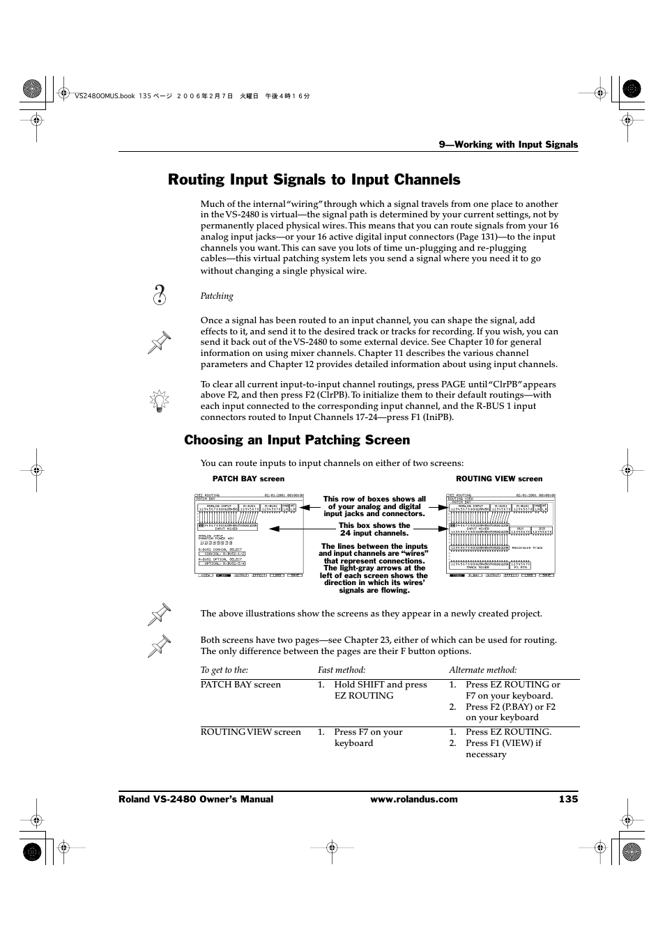 Routing input signals to input channels, Choosing an input patching screen | Roland VS-2480 User Manual | Page 135 / 452