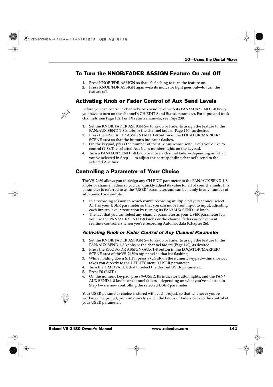 To turn the knob/fader assign feature on and off, Controlling a parameter of your choice | Roland VS-2480 User Manual | Page 141 / 452