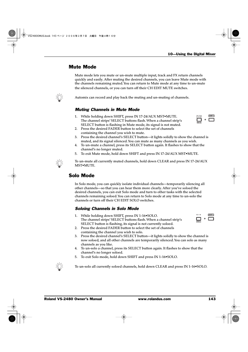 Mute mode, Muting channels in mute mode, Solo mode | Soloing channels in solo mode, Mute mode solo mode | Roland VS-2480 User Manual | Page 143 / 452