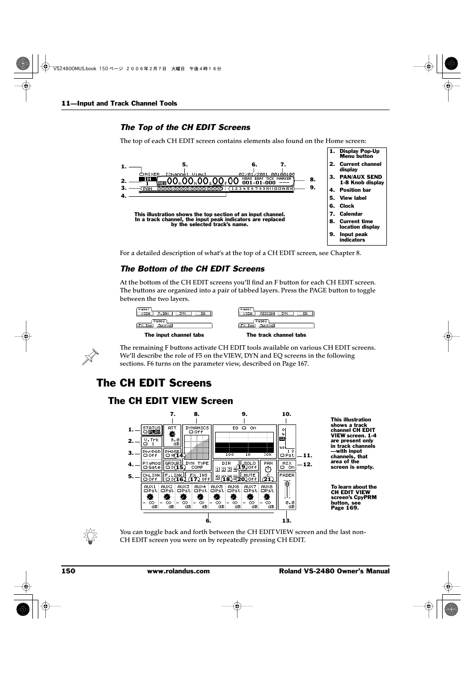 The top of the ch edit screens, The bottom of the ch edit screens, The ch edit screens | The ch edit view screen | Roland VS-2480 User Manual | Page 150 / 452