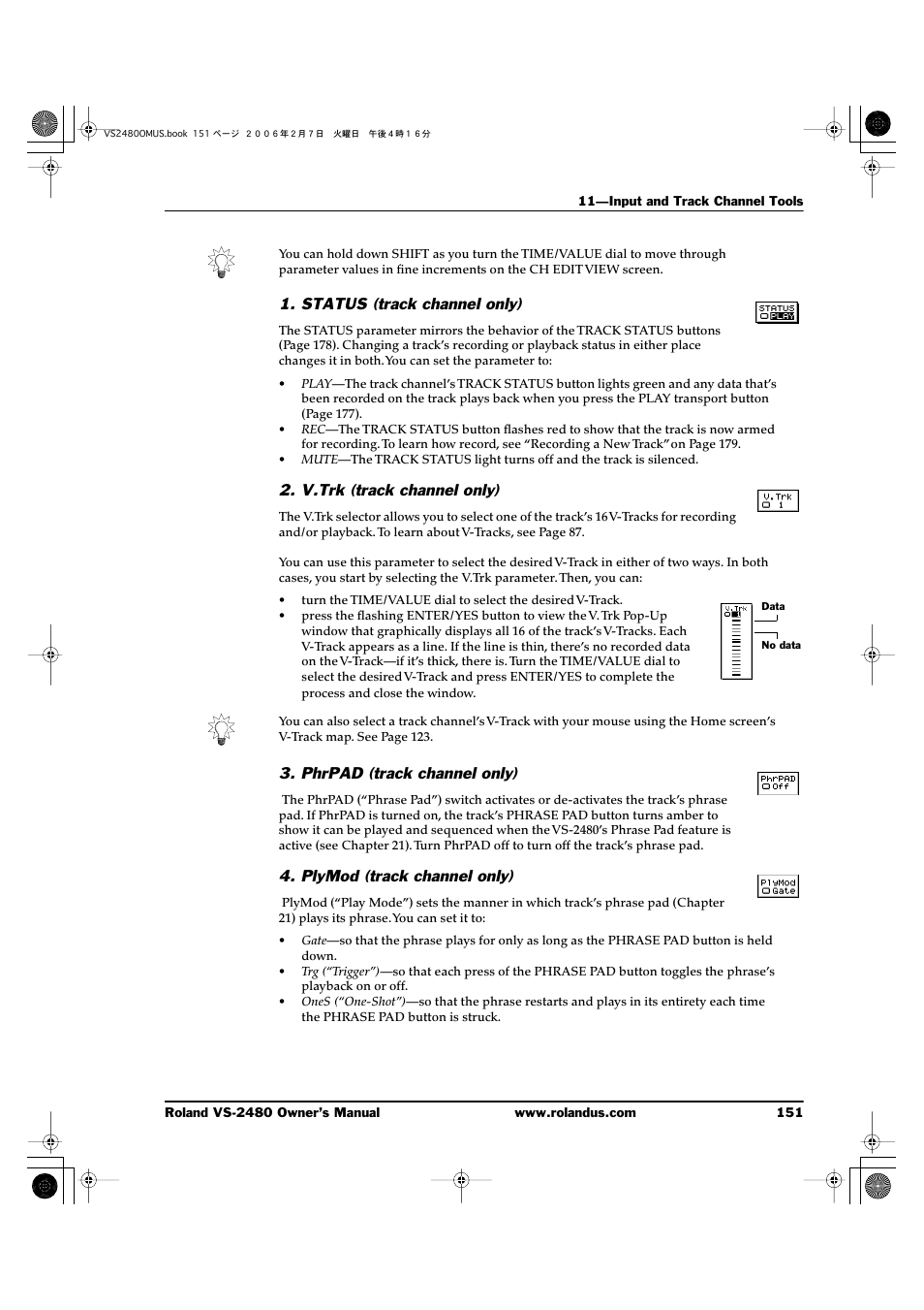 Status (track channel only), V.trk (track channel only), Phrpad (track channel only) | Plymod (track channel only) | Roland VS-2480 User Manual | Page 151 / 452