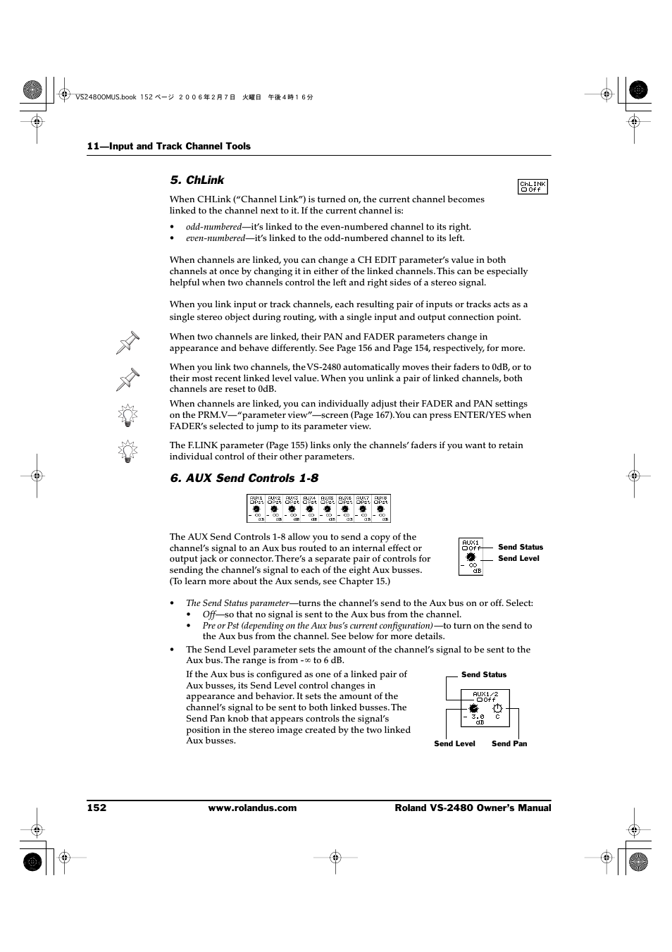 Chlink, Aux send controls 1-8 | Roland VS-2480 User Manual | Page 152 / 452
