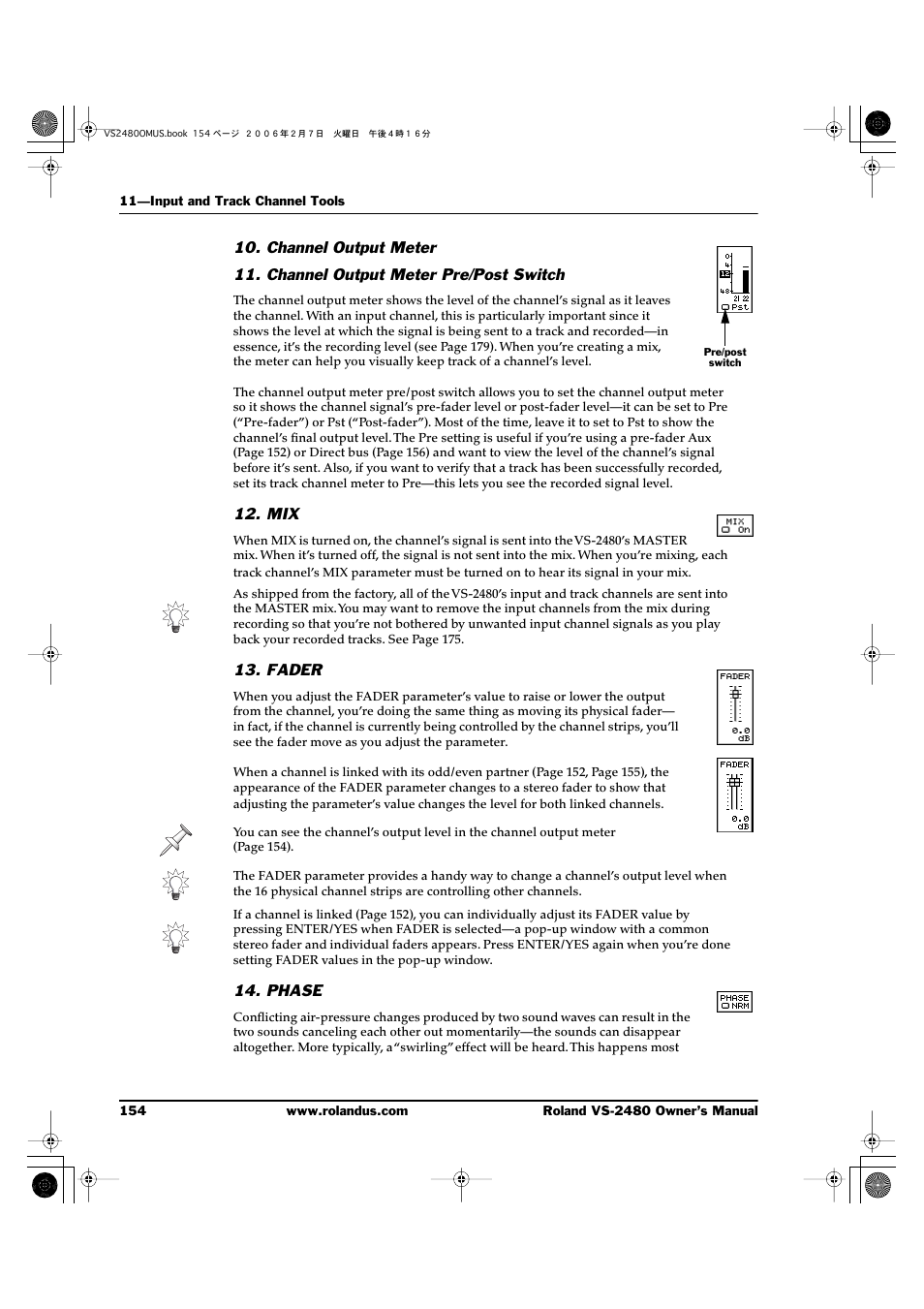 Channel output meter, Channel output meter pre/post switch, Fader | Phase, Age 154 | Roland VS-2480 User Manual | Page 154 / 452