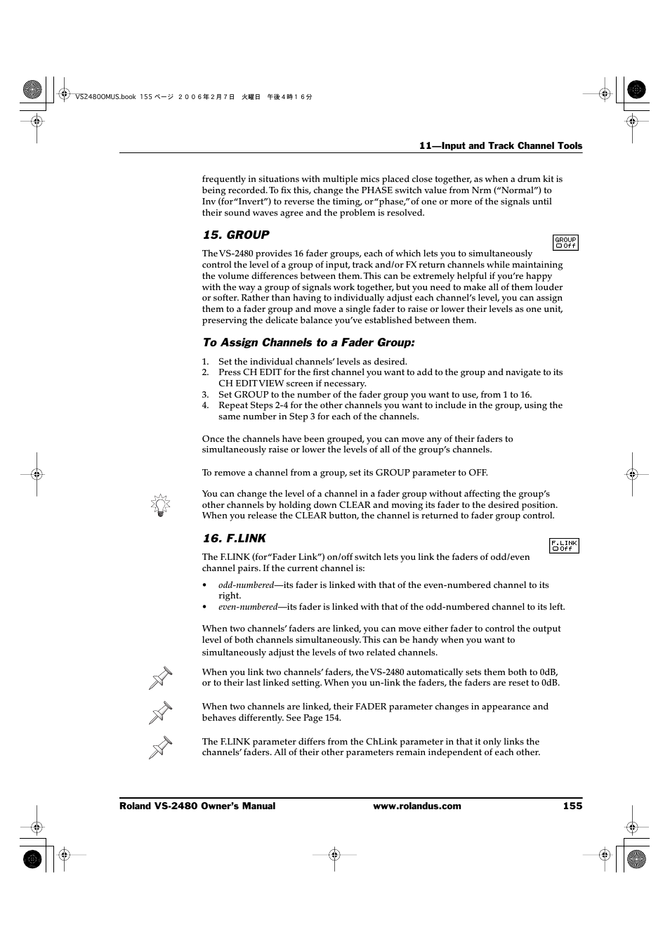 Group, To assign channels to a fader group, F.link | Roland VS-2480 User Manual | Page 155 / 452