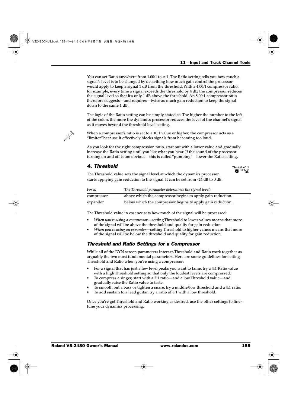 Threshold, Threshold and ratio settings for a compressor | Roland VS-2480 User Manual | Page 159 / 452
