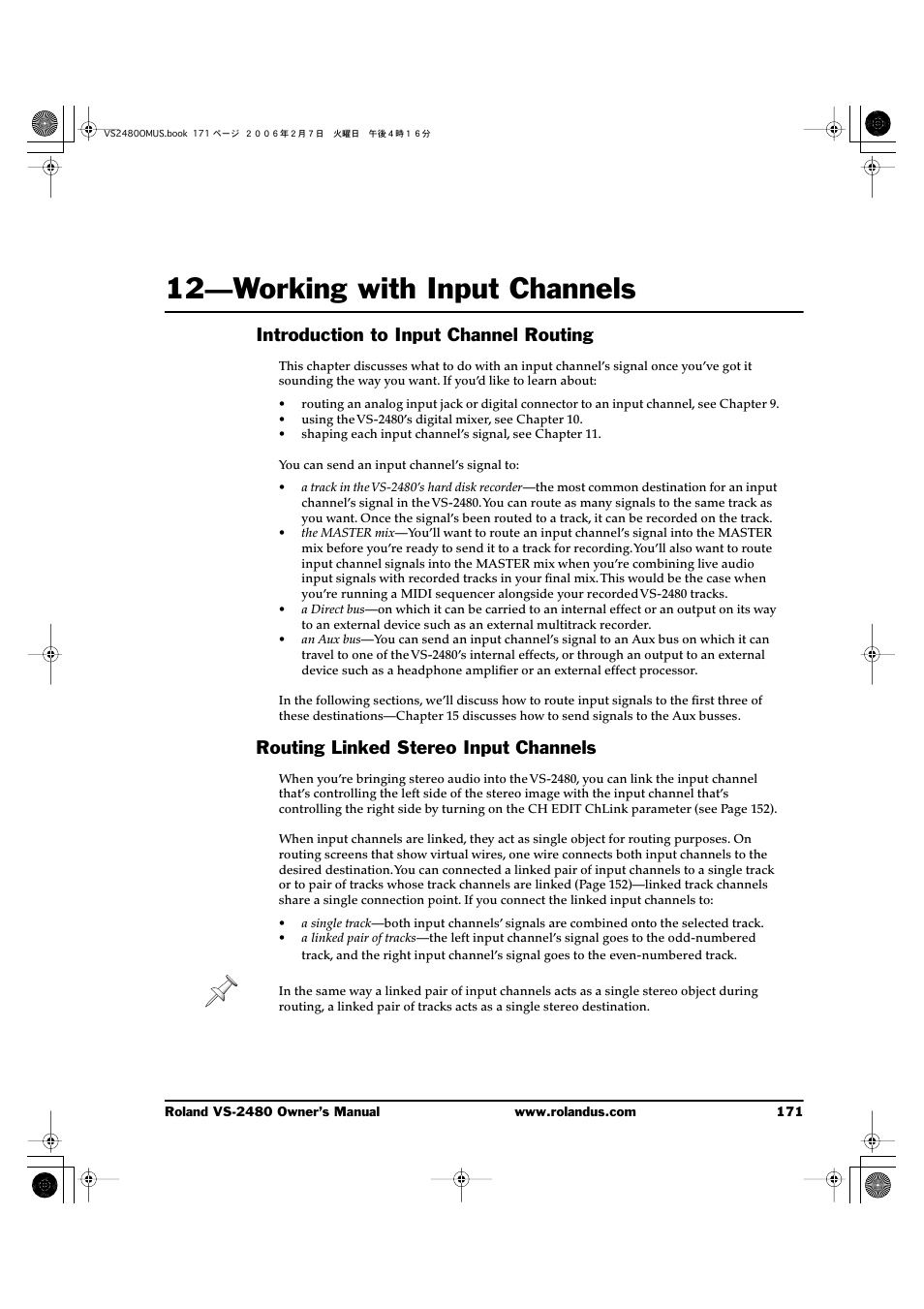 12—working with input channels, Introduction to input channel routing, Routing linked stereo input channels | 12—working with input channels 171 | Roland VS-2480 User Manual | Page 171 / 452