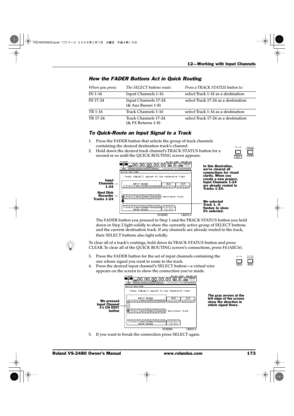 How the fader buttons act in quick routing, To quick-route an input signal to a track | Roland VS-2480 User Manual | Page 173 / 452