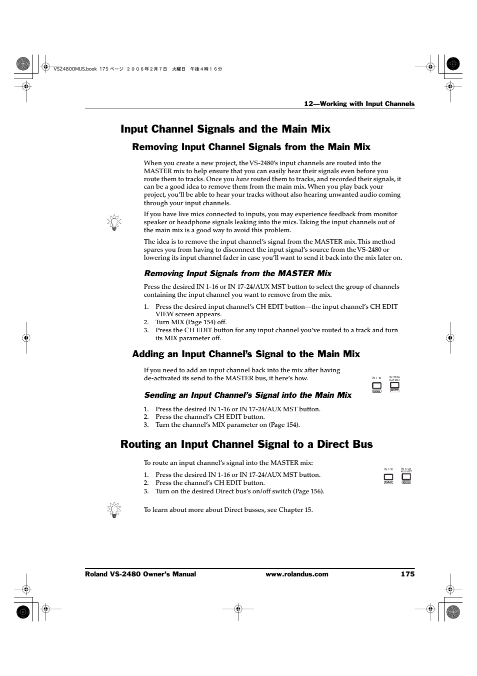 Input channel signals and the main mix, Removing input channel signals from the main mix, Removing input signals from the master mix | Adding an input channel’s signal to the main mix, Routing an input channel signal to a direct bus | Roland VS-2480 User Manual | Page 175 / 452