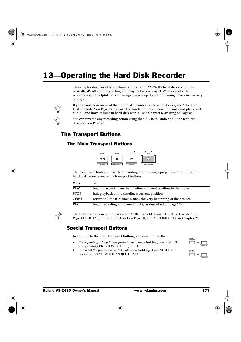 13—operating the hard disk recorder, The transport buttons, The main transport buttons | Special transport buttons, 13—operating the hard disk recorder 177 | Roland VS-2480 User Manual | Page 177 / 452