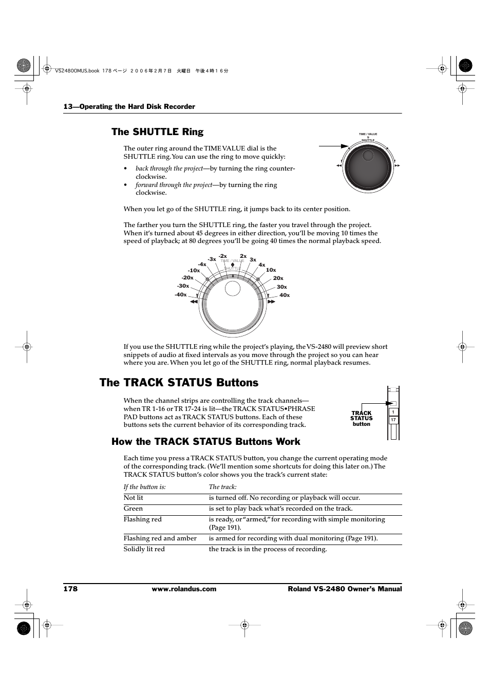 The shuttle ring, The track status buttons, How the track status buttons work | Roland VS-2480 User Manual | Page 178 / 452