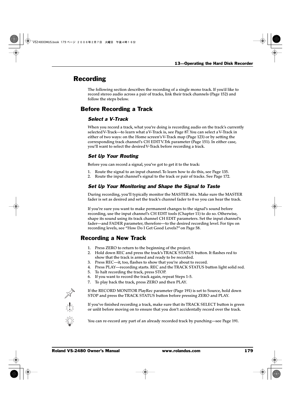 Recording, Before recording a track, Select a v-track | Set up your routing, Recording a new track, Before recording a track recording a new track | Roland VS-2480 User Manual | Page 179 / 452