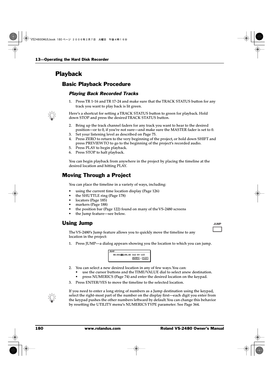 Playback, Basic playback procedure, Playing back recorded tracks | Moving through a project, Using jump | Roland VS-2480 User Manual | Page 180 / 452