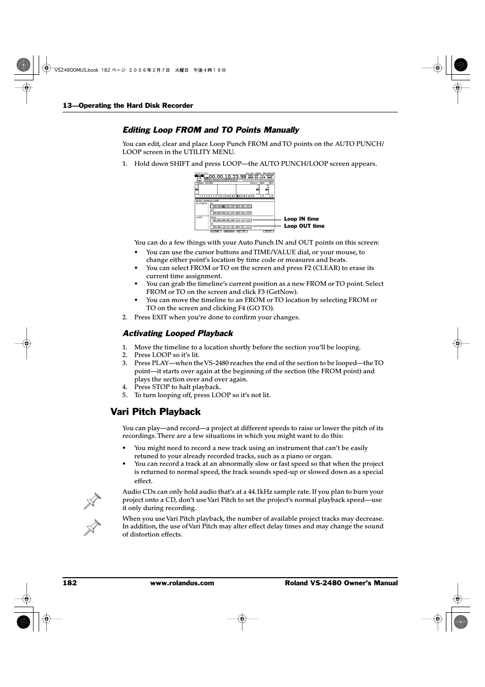 Editing loop from and to points manually, Activating looped playback, Vari pitch playback | Roland VS-2480 User Manual | Page 182 / 452