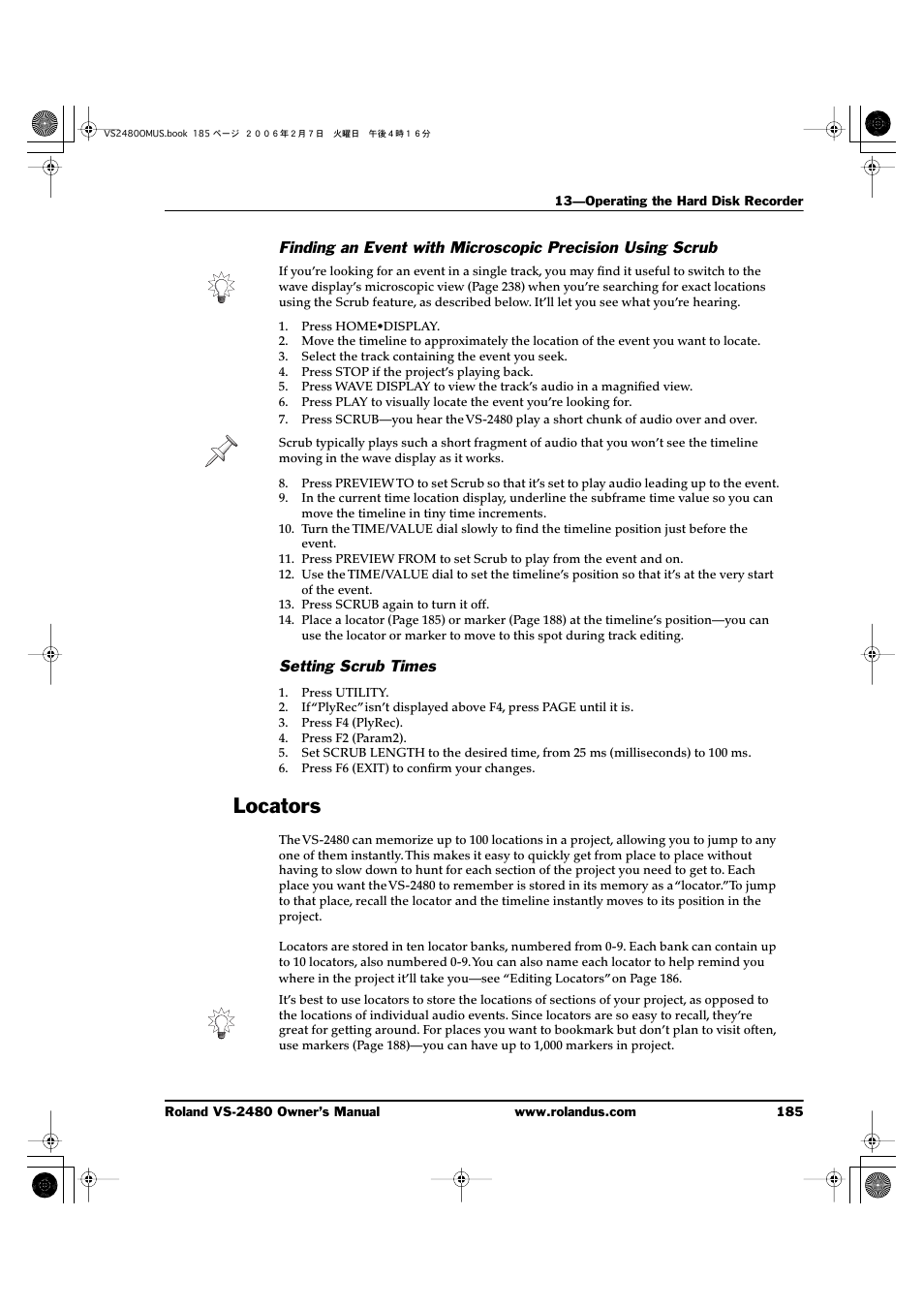 Setting scrub times, Locators | Roland VS-2480 User Manual | Page 185 / 452
